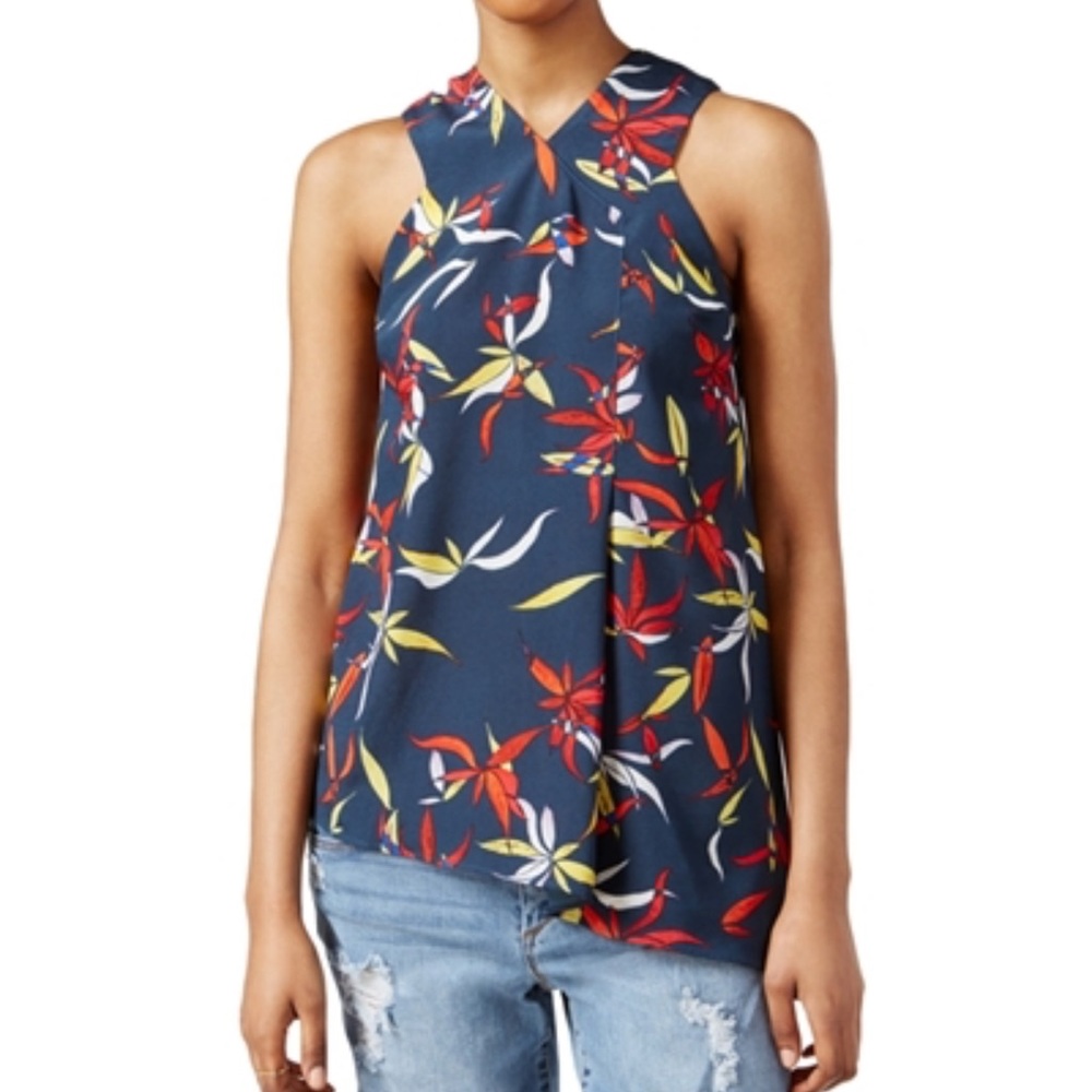 Rachel Roy Navy Sleeveless Floral Blouse Zip Back Size M